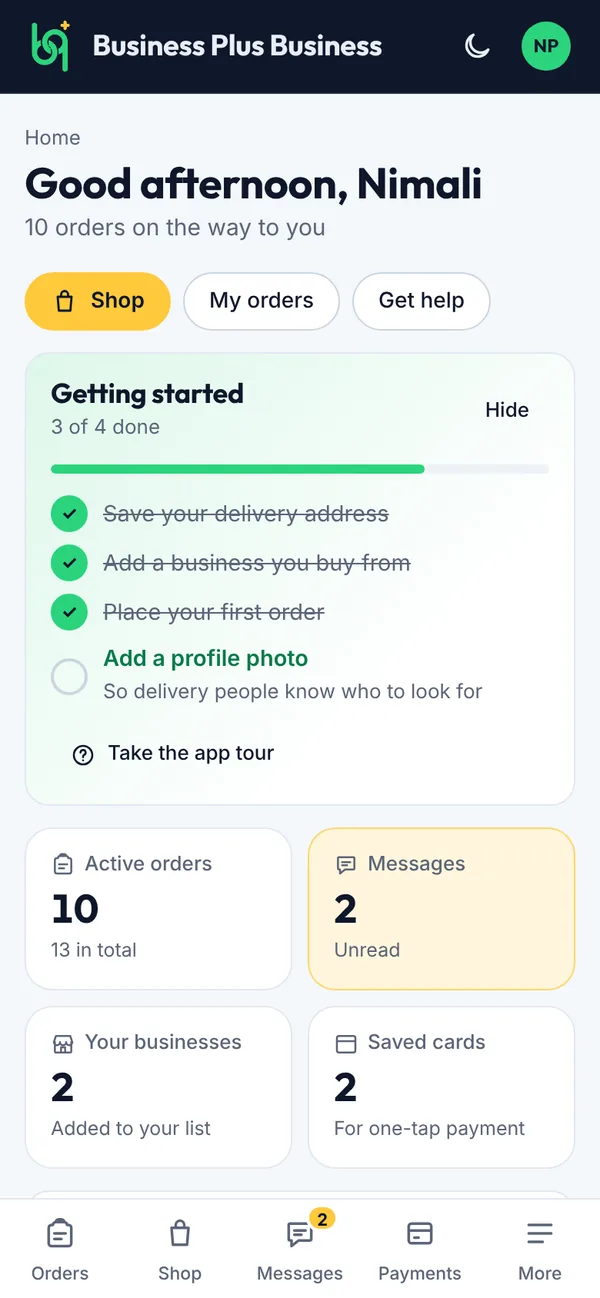 The customer's Home page in the B+B app