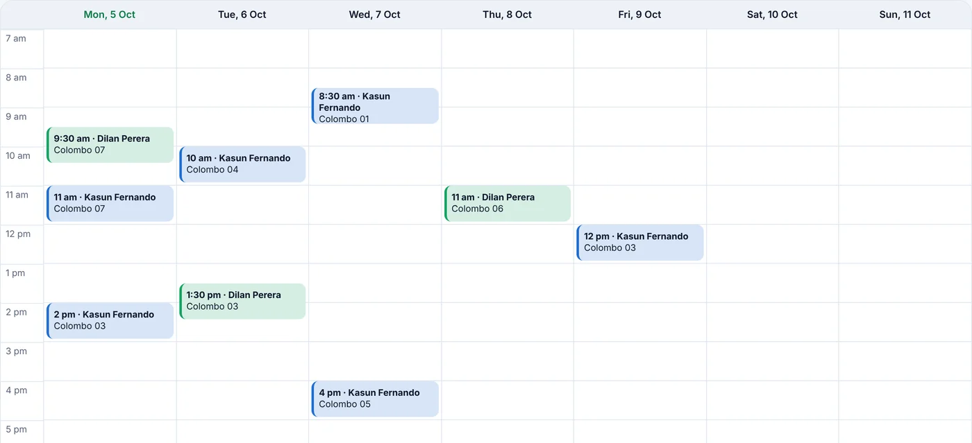 A week calendar of deliveries for two drivers