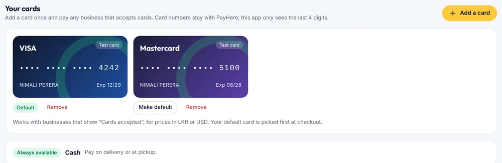Saved Visa and Mastercard in the B+B wallet
