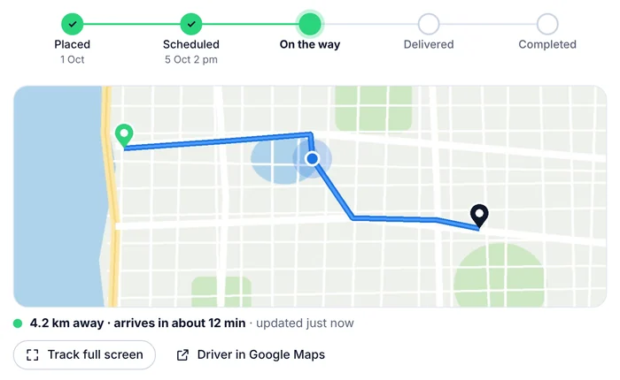 A live map showing the rider's route to the customer
