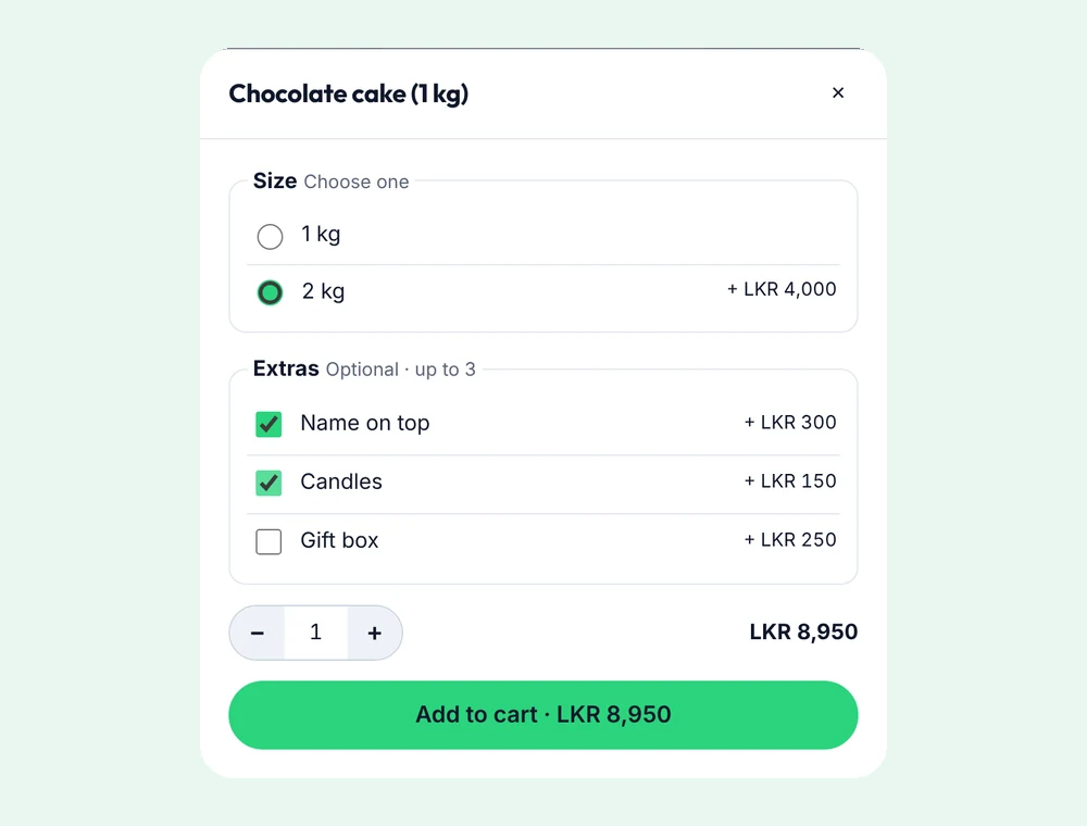 Choosing a cake size and extras before adding it to the cart