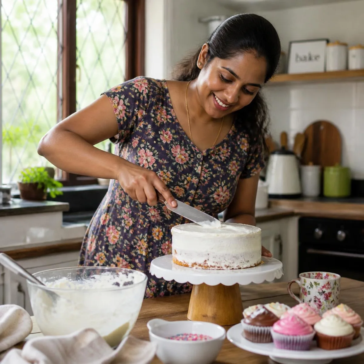 A home baker smoothing icing on a cake
