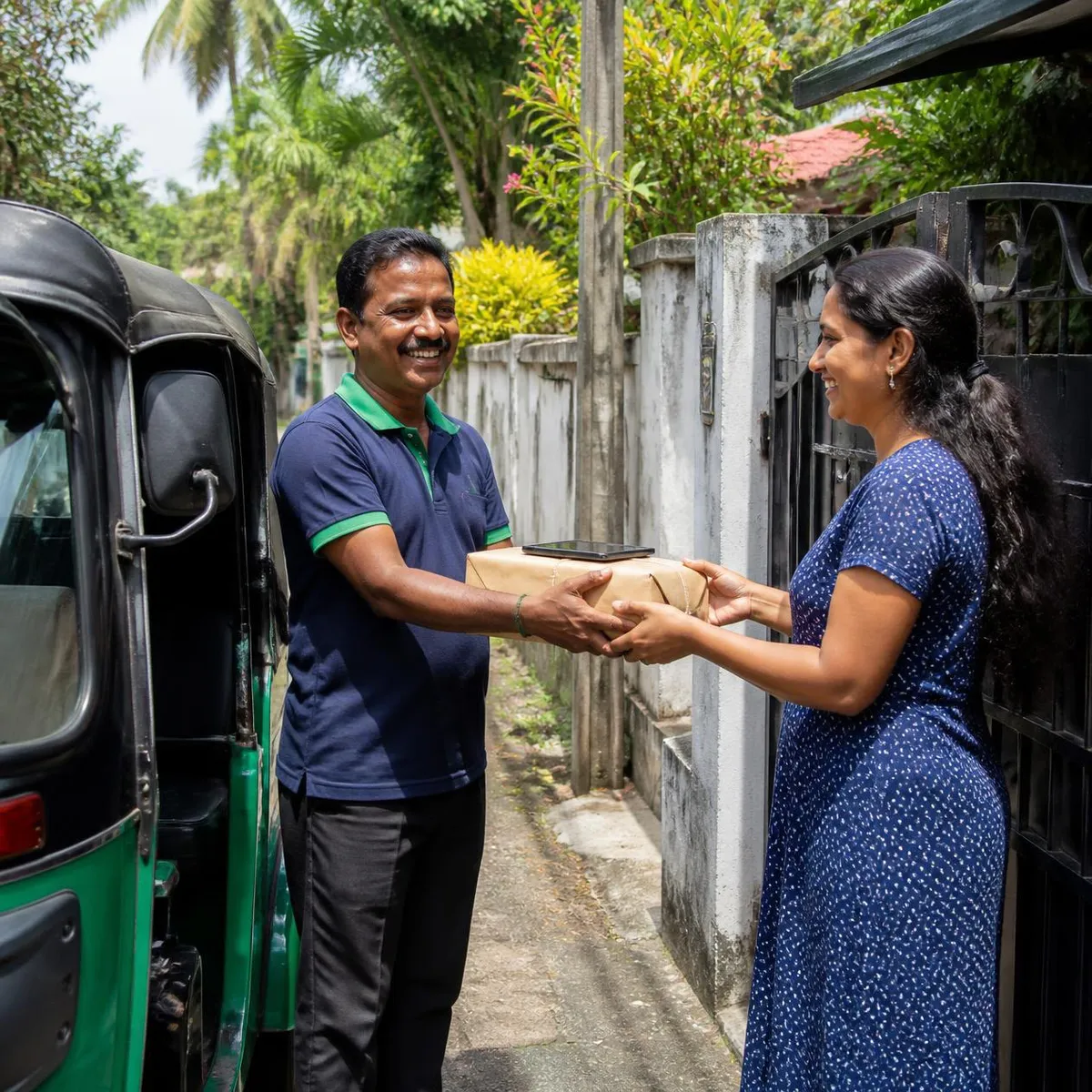 A three-wheeler driver handing a parcel to a smiling customer at her gate
