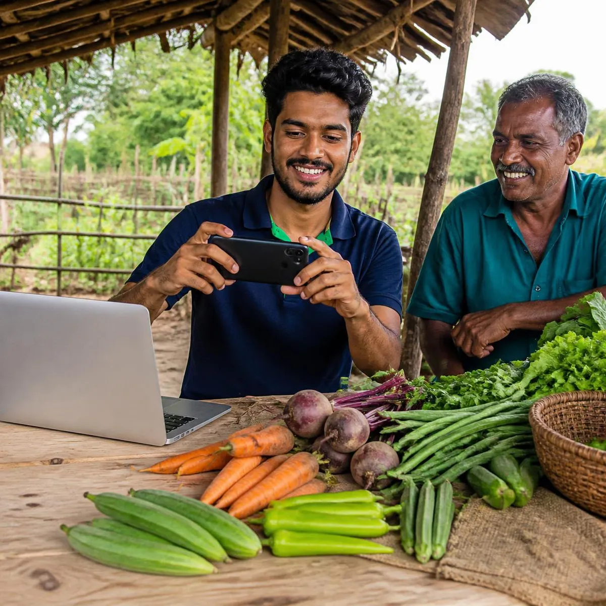 A young man photographing fresh vegetables on his phone while a farmer smiles