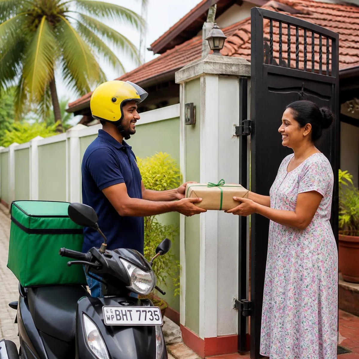A delivery partner on his scooter handing a parcel to a smiling customer at her gate