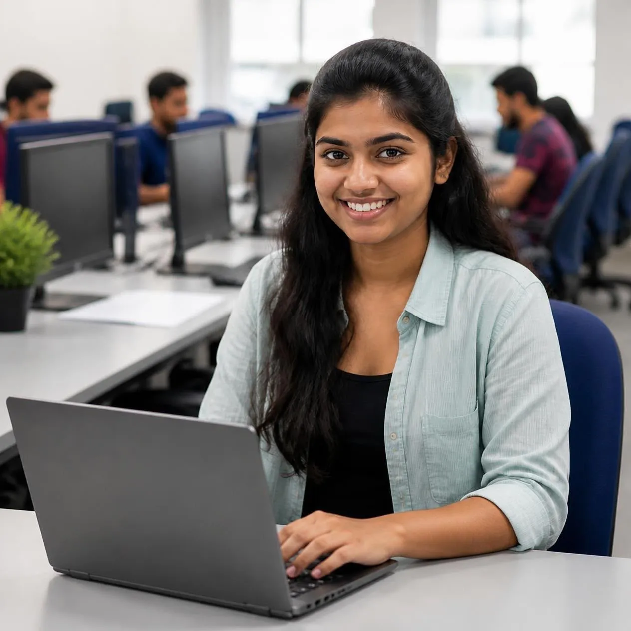 A young woman smiling at her laptop in a computer lab
