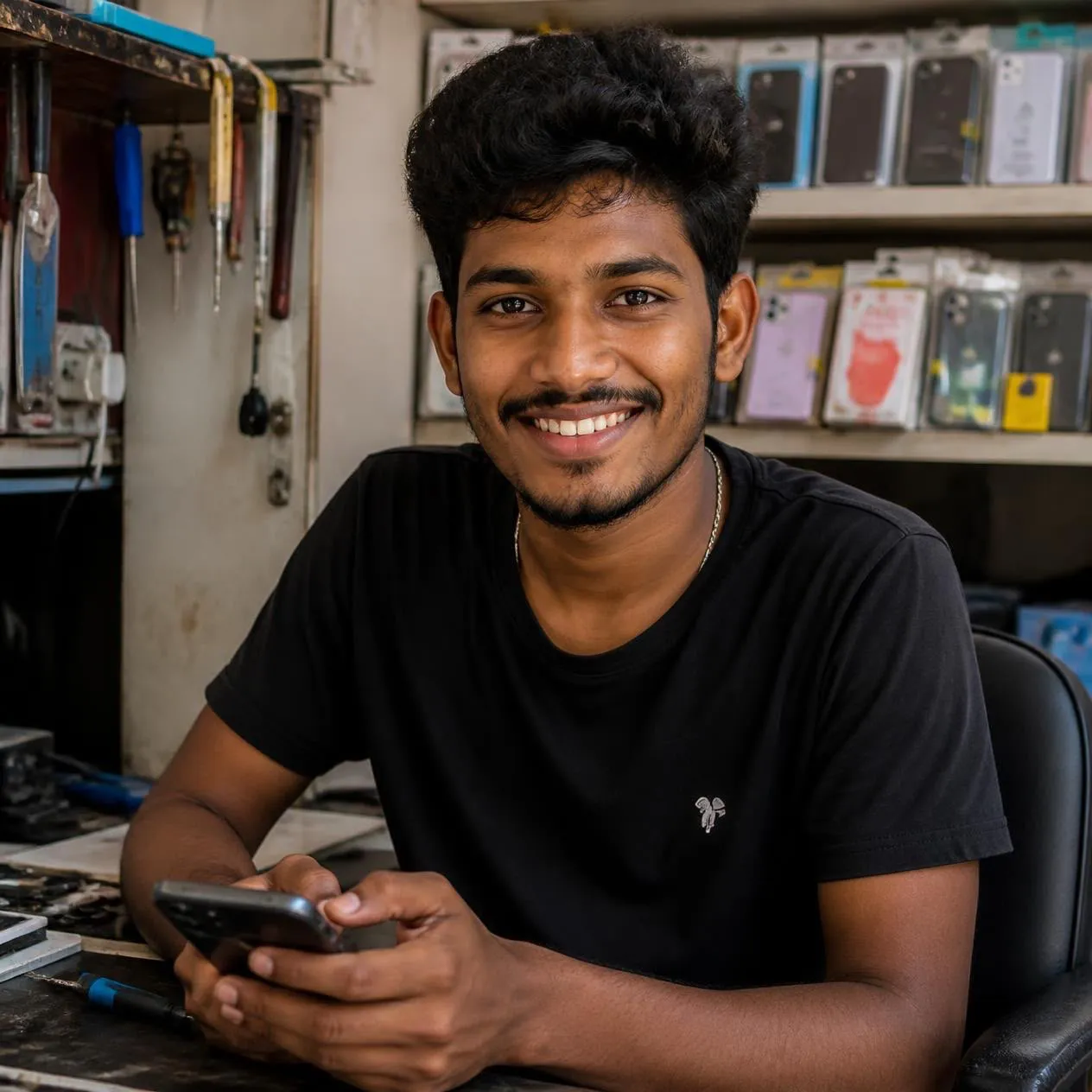 A young man smiling in a phone shop, holding a phone