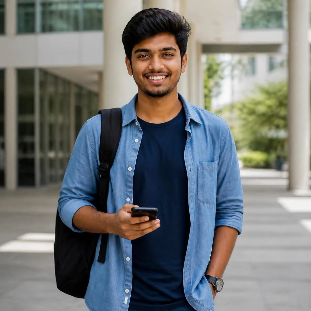 A smiling student with a backpack and phone outside his campus