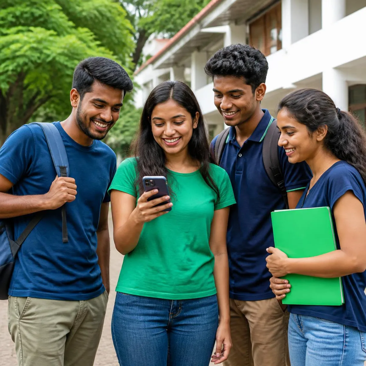 Four students smiling at a phone together