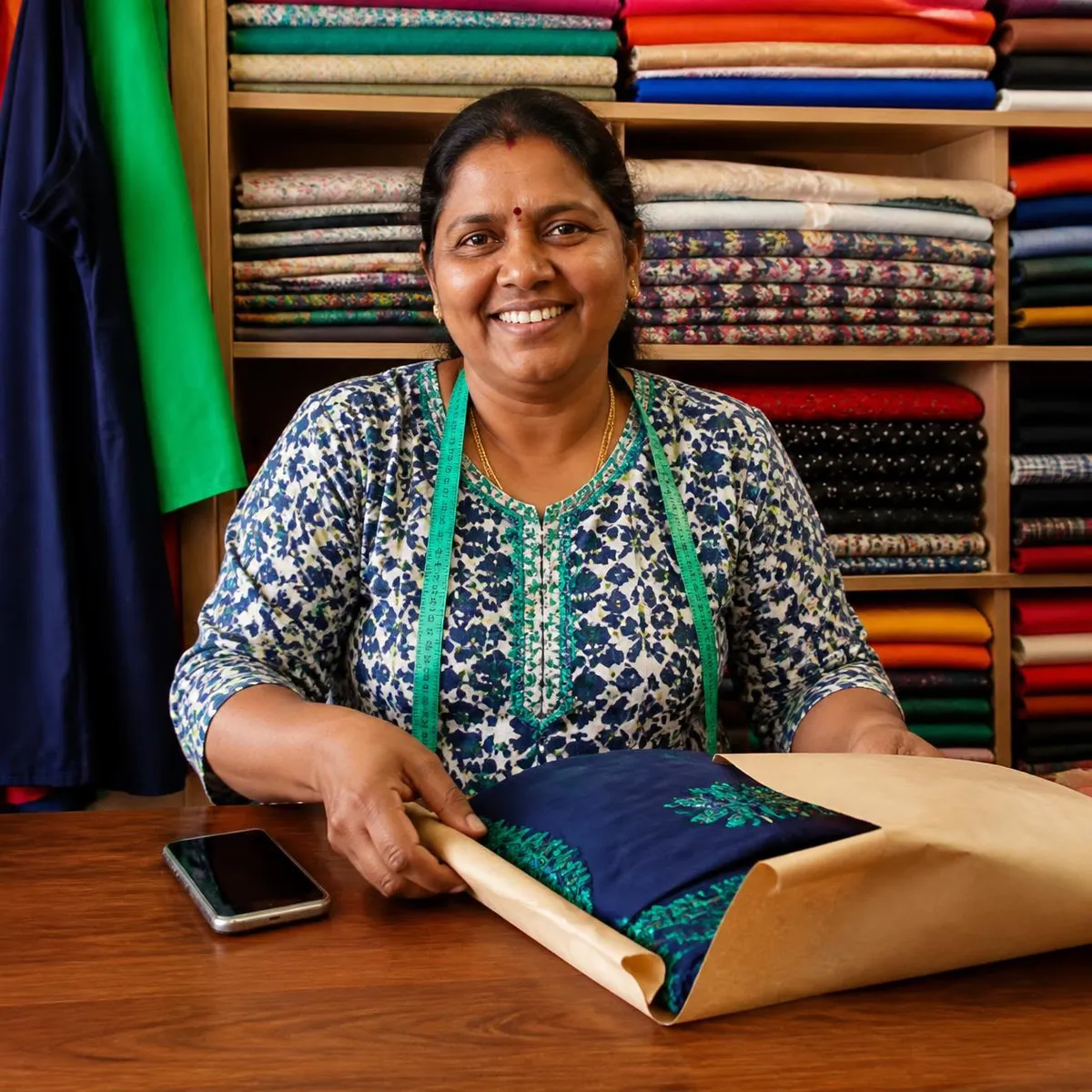 A tailor smiling as she wraps a finished outfit