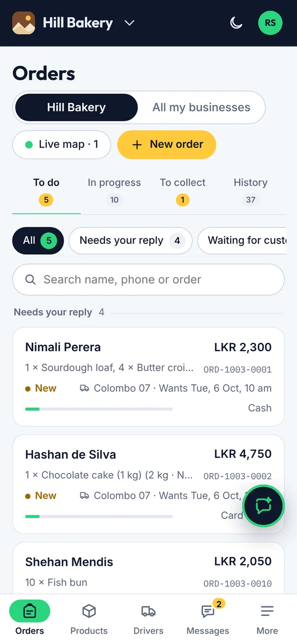 The orders board on a phone