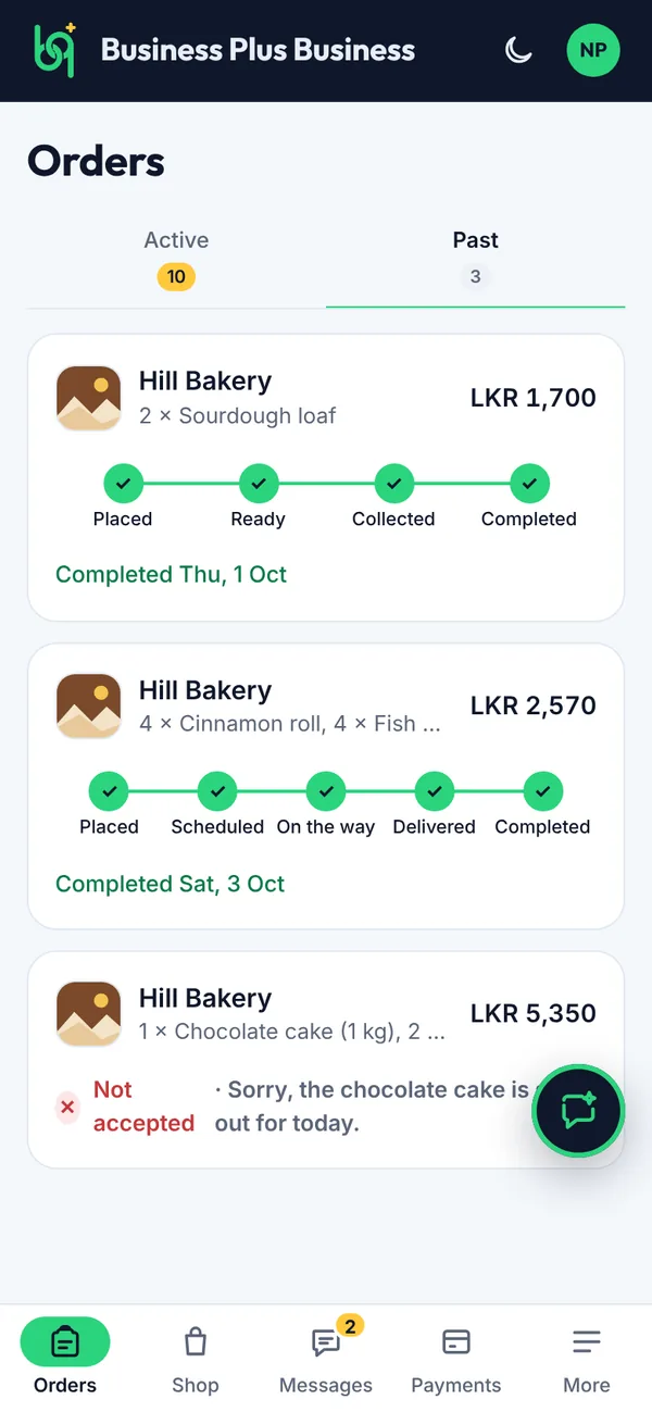 Past orders on a phone