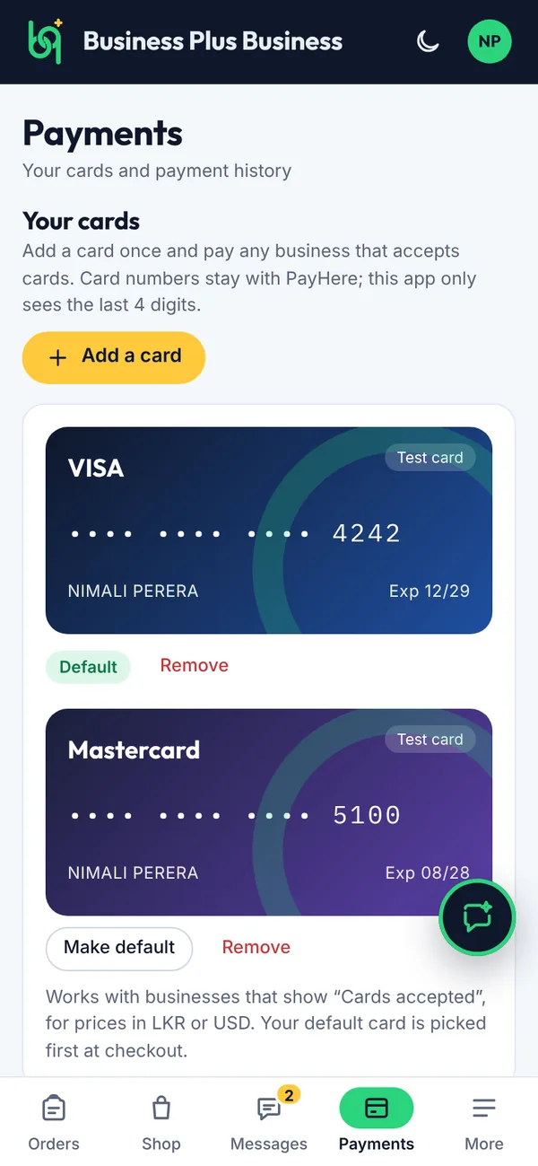 Your cards and payment history on a phone