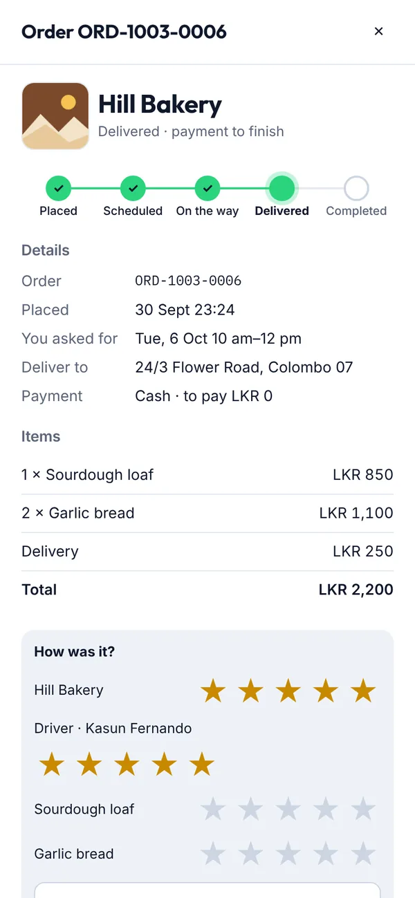 Rating an order on a phone
