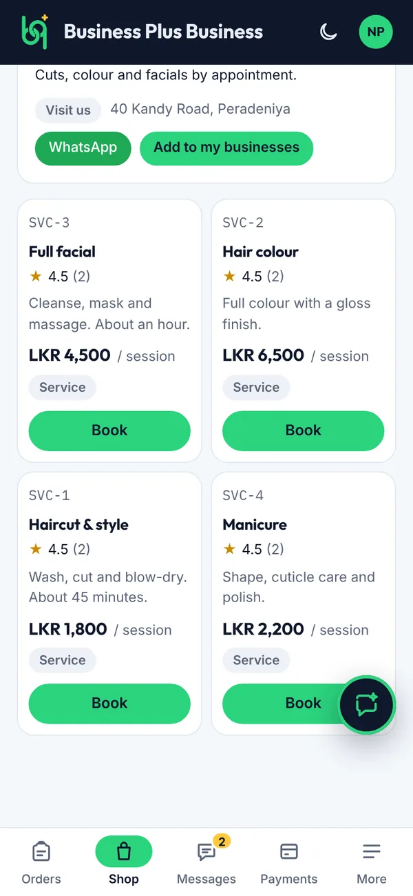 A salon's services in the Shop on a phone