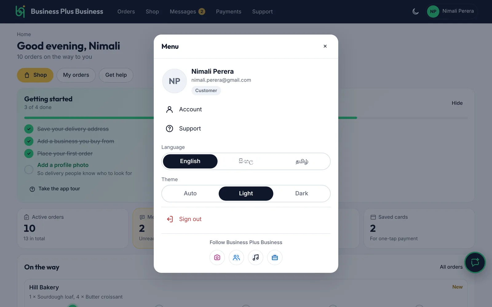 Your menu: account, theme and sign out on a computer