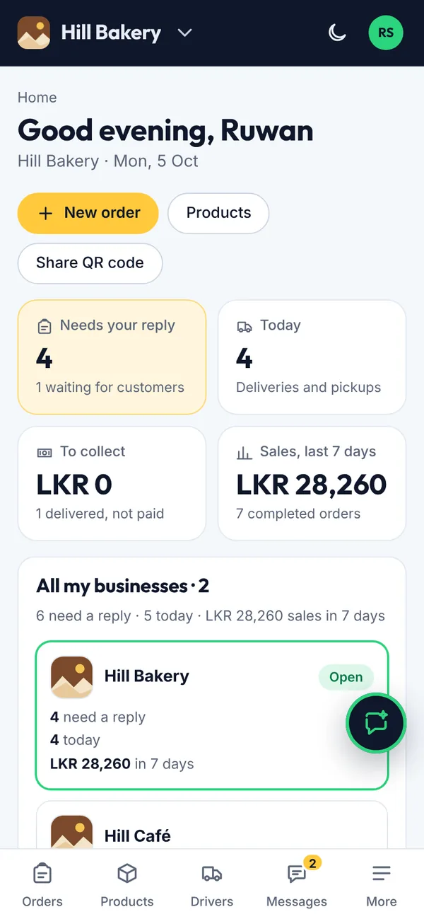 Business Home page on a phone